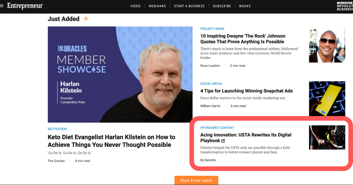 An example of native advertising on the Entrepreneur website.